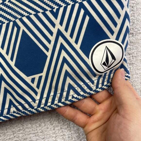 Y2K Volcom Board Shorts Men Psychedelic Blue Stripe Cinch Fly Pure Function *34* - Picture 10 of 16